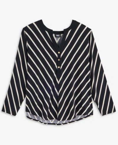 Inc International Concepts Plus Size Mitered Stripe Half-placket Shirt, Macy's Exclusive In Blue