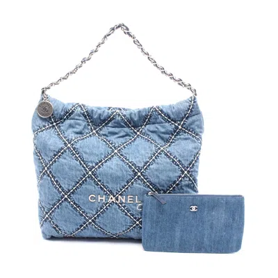 Pre-owned Chanel 22 Denim Leather Tote Bag In Blue