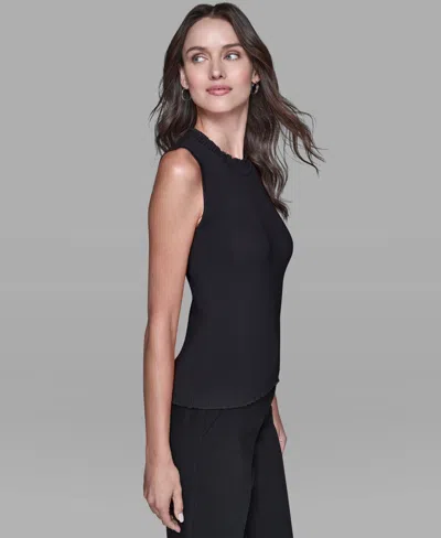 Karl Lagerfeld Women's Ruffled Rib-knit Sleeveless Top In Black