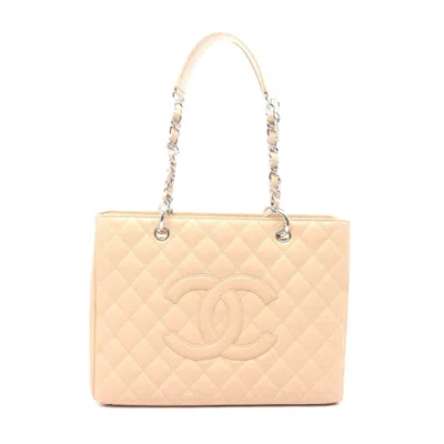 Pre-owned Chanel Caviar Skin Matelasse Gst Tote Bag In Sand
