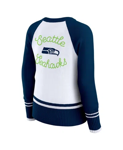 Wear By Erin Andrews Women's White/college Navy Seattle Seahawks Color Block Raglan Sweater In Blue