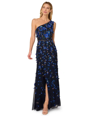 Adrianna Papell Women's Beaded One-shoulder Long Dress In Blue