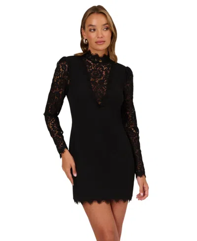 Adrianna Women's Mock Neck Lace And Crepe Short Dress In Black
