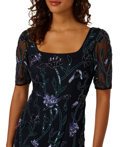 Adrianna Papell Petite Beaded Square Neck Long Dress In Multi