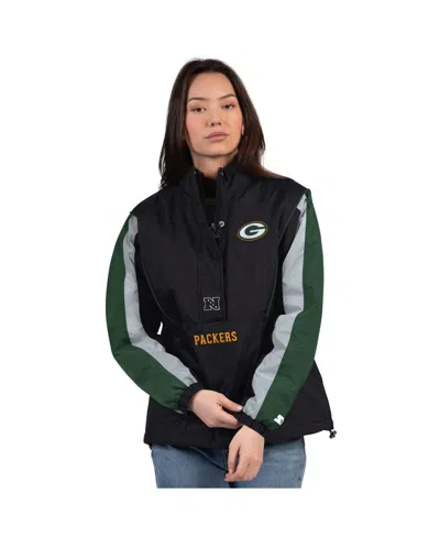Starter Women's Black/green Green Bay Packers Thursday Night Gridiron Half-zip Jacket In Black