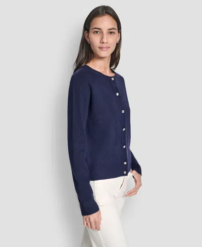 Dkny Jeans Petite Long-sleeve Crewneck Cardigan In Blue