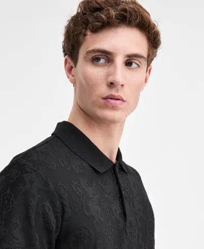 Guess Men's Tonal Jacquard Short-sleeve Knit Polo Shirt In Black