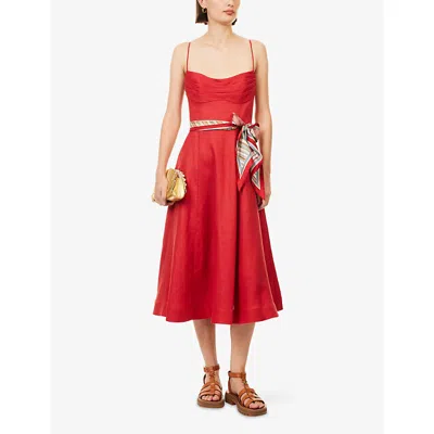 Zimmermann Womens Red Rebellion Tuck Shoulder-straps Linen Midi Dress Xs In Red