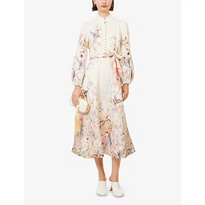 Zimmermann Rebellion Multicolor Midi Dress With Bow Detail On The Front And All-over Floral Print In Linen Woma In Multi