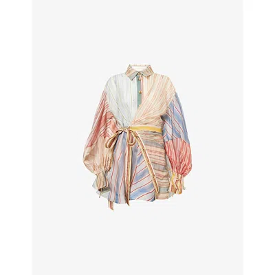 Zimmermann Rebellion Multicolor Midi Dress With Bow Detail On The Front And All-over Striped Motif In Linen And In Multi