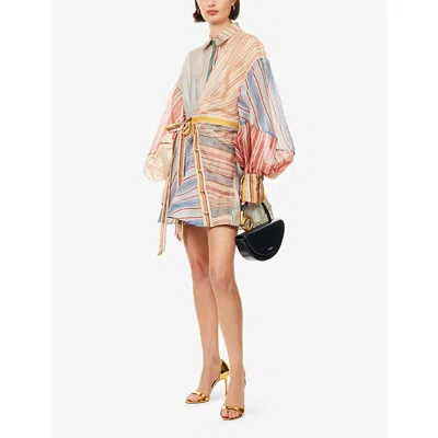 Zimmermann Rebellion Multicolor Midi Dress With Bow Detail On The Front And All-over Striped Motif In Linen And In Multi