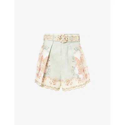 Zimmermann Womens Wallpaper Floral Mint Daylight Tuck Belted Linen Shorts In Multi