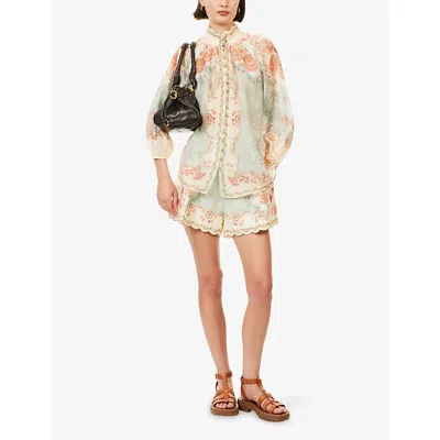Zimmermann Womens Wallpaper Floral Mint Daylight Tuck Belted Linen Shorts In Multi