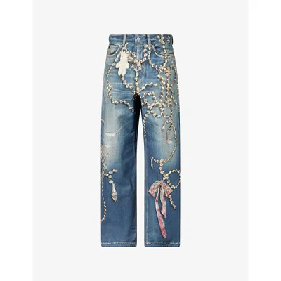 Acne Studios Womens Mid Blue Graphic-print Wide-leg Denim Jeans