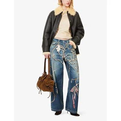 Acne Studios Womens Mid Blue Graphic-print Wide-leg Denim Jeans