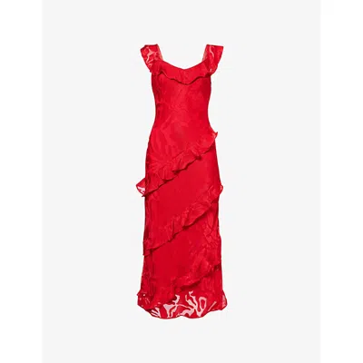 Pretty Lavish Womens Red Neima Devore Frilled Woven Midi Dress In Red