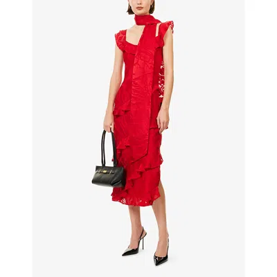 Pretty Lavish Womens Red Neima Devore Frilled Woven Midi Dress In Red