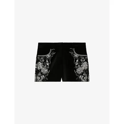 The Kooples Womens Black Beaded High-rise Cotton Shorts In Black
