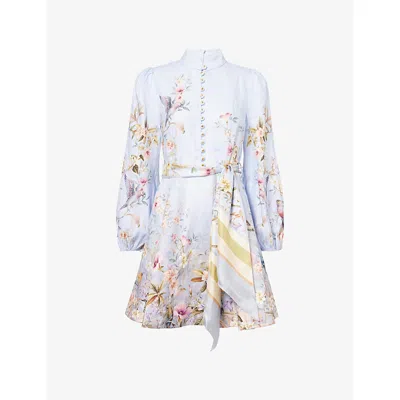 Zimmermann Rebellion Multicolor Midi Dress With Bow Detail On The Front And All-over Floral Print In Linen Woma In Blue