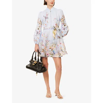 Zimmermann Rebellion Multicolor Midi Dress With Bow Detail On The Front And All-over Floral Print In Linen Woma In Blue