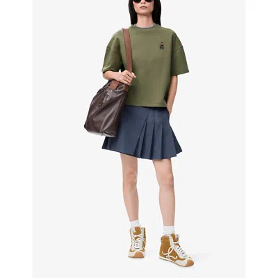 Loewe Womens Khaki Green Futuristic Cat Brand-embroidered Cotton-blend T-shirt In Green