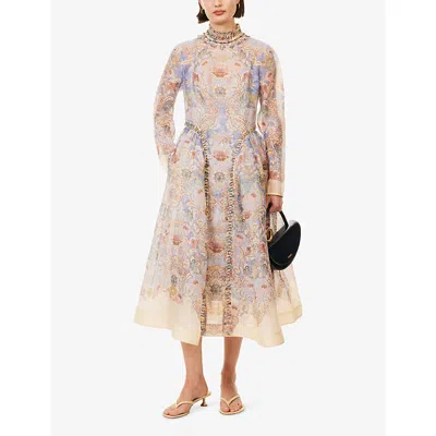 Zimmermann Womens Blue Floral Rebellion Beaded Linen And Silk Midi Dress Xs In Multi