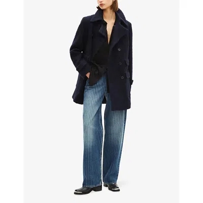 The Kooples Womens Navy Collared Button-down Wool-blend Coat In Multi