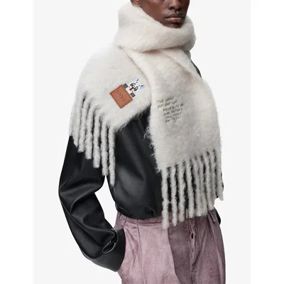 Loewe Womens White Futurist Cat Branded Wool-blend Scarf In White