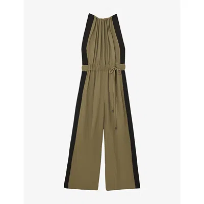 Reiss Womens Khaki Green Black Inez Colour-block Woven Jumpsuit In Multi