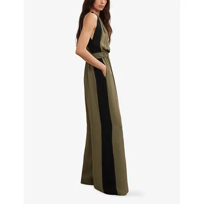 Reiss Womens Khaki Green Black Inez Colour-block Woven Jumpsuit In Multi