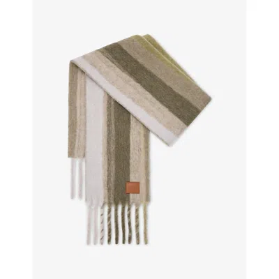 Loewe Womens Soft White/khaki Mul Striped Branded Wool-blend Scarf In Neutral