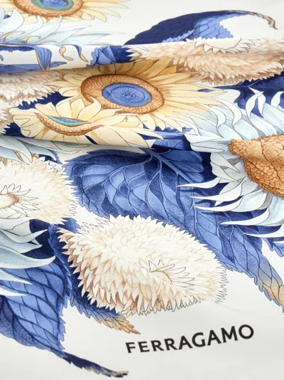 Ferragamo Sunflower Print Silk Scarf In White