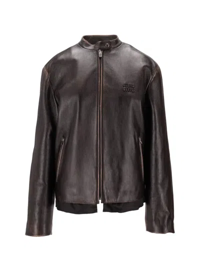 Miu Miu Long-sleeved Leather Jacket In Brown