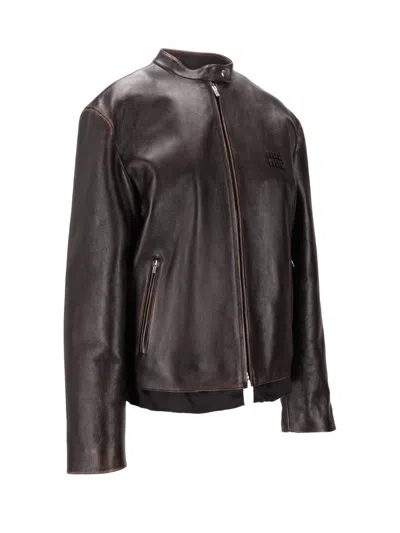 Miu Miu Long-sleeved Leather Jacket In Brown