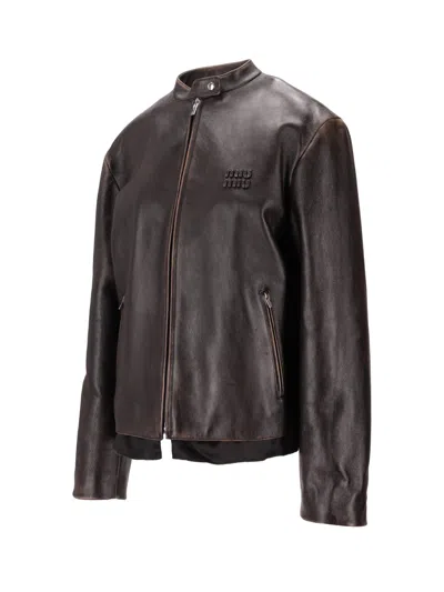 Miu Miu Long-sleeved Leather Jacket In Brown