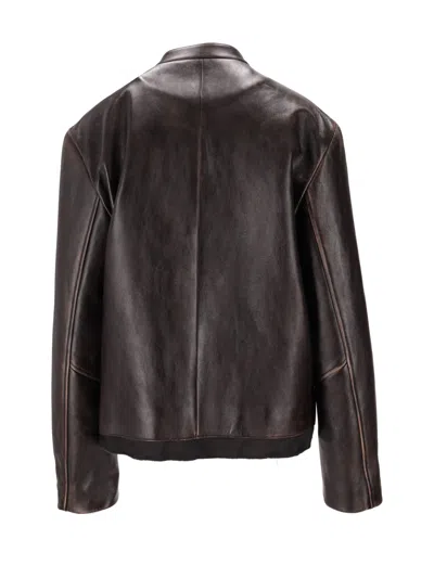 Miu Miu Long-sleeved Leather Jacket In Brown