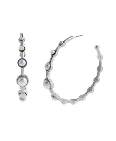Steve Madden Faux Cultured Pearl Hoop Earrings In Metallic