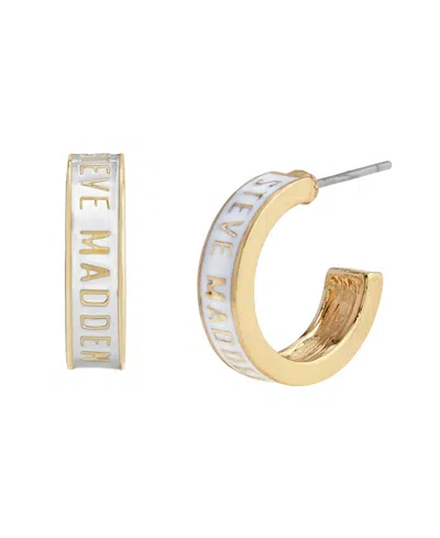 Steve Madden White Signature Logo Huggie Earrings In Gold