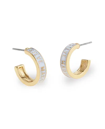 Steve Madden White Signature Logo Huggie Earrings In Gold
