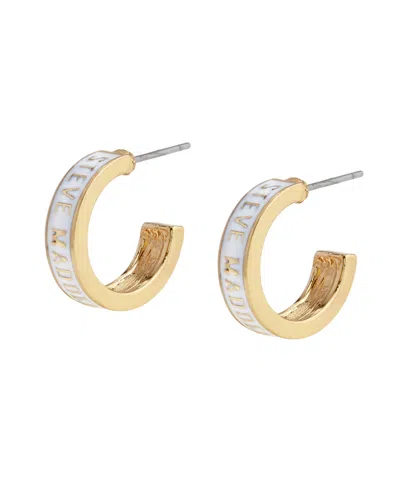 Steve Madden White Signature Logo Huggie Earrings In Gold
