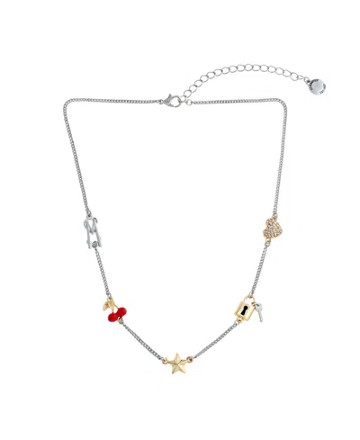 Steve Madden Faux Stone Signature Cherry Charm Bib Necklace In Metallic