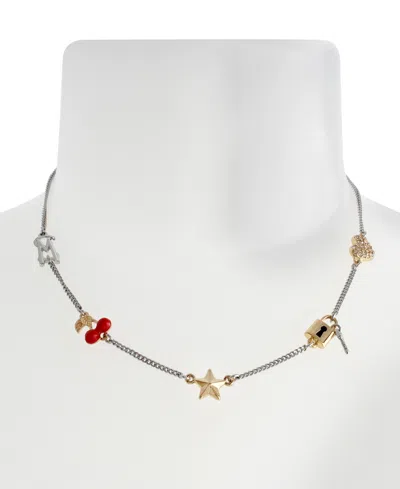 Steve Madden Faux Stone Signature Cherry Charm Bib Necklace In Metallic