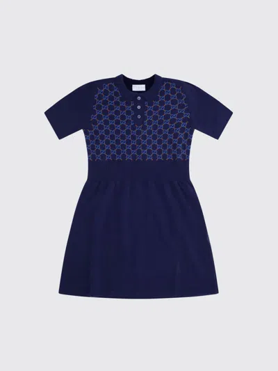 Gucci Wool Embroidered Child Dress In Blue