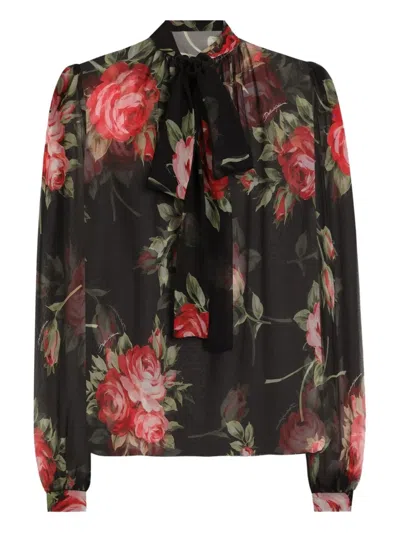 Dolce & Gabbana Rose Bouquet-print Silk Chiffon Neck-tie Blouse In Black