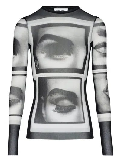 Jean Paul Gaultier Mesh Longsleeve Top Eyes And Lips In Black