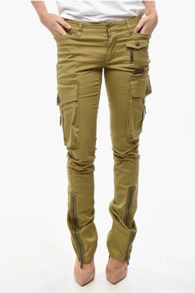 Dsquared2 Stretch Cotton Flared Cargo Pants With Ankle Zip In Green