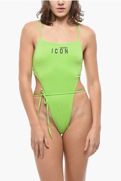 Dsquared2 Icon Solid Color One-piece Swimsuit With Contrasting Logo In Green