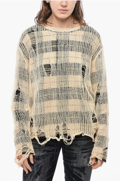 R13 Distressed Effect Crewneck Sweater With Checked Inner In Neutral