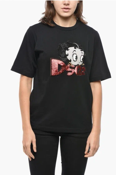 Dsquared2 Crew Neck Betty Boop T-shirt With Sequined Embroidery In Black