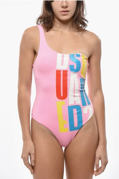 Dsquared2 One-shoulder Swimsuit With Printed Logo In Pink